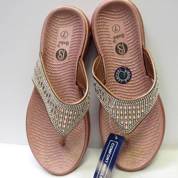 Rose Gold Sparkle Rhinestone Dressy Sandals Flip Flops Wedge Slides Various Size - Picture 1 of 6